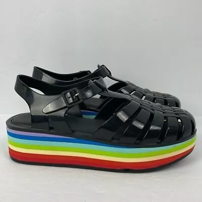 Melissa Black Prism Possession Platform Jelly Sandals Rainbow Stripes Women's 8 • $48.75