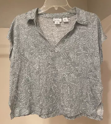 Nicole Miller Women's XL Gray/White Floral 100% Linen Short Sleeve V-neck Top • $19.99