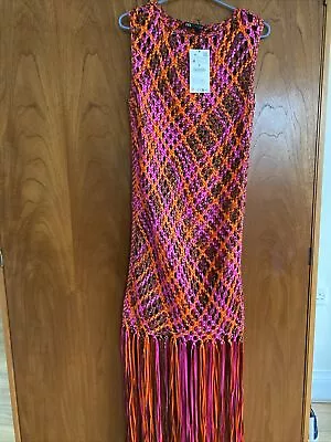 Zara Crocheted Pink Orange Brown Fringed Beach Dress Size M - 5601/201 • £30