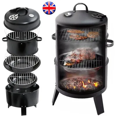 3 In 1 Charcoal BBQ Smoker Barbecue Grill With Thermometer Patio Outdoor Camping • £42.99