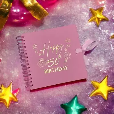 50th Birthday Memories With Pink Guest Book Or Scrapbook Album Gold Print • £15.99