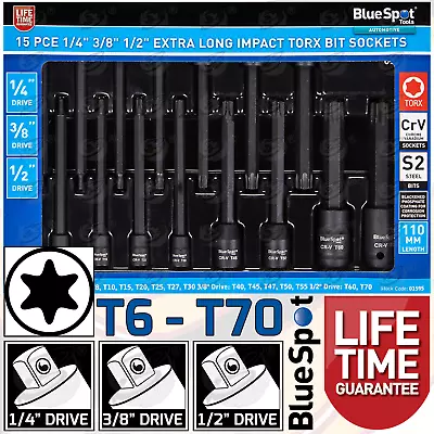 Extra Long Impact Torx Bit Socket Set 1/4  3/8  1/2  Drive Long Reach BLUESPOT • £19.90