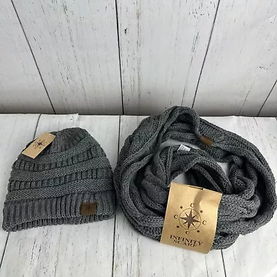 Women's Winter Warm Cable Knit Infinity Scarf/ Matching Beanie Dark Gray • $15