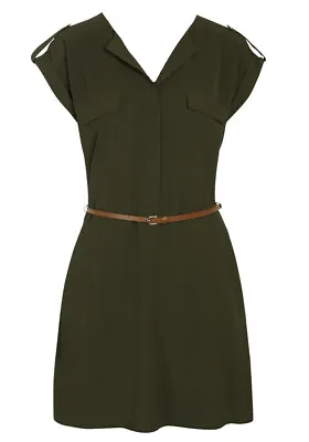Ex F&F Khaki Green Crepe Belted Military Style Shirt Mini Dress Tunic  Size 8-22 • £21.99