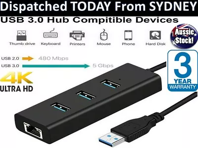 USB 3.0 HUB 3 Port With RJ45 Gigabit Ethernet Adapter 1000Mbps To PC MAC Laptop  • $21.94