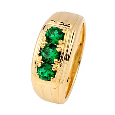 Yellow Gold Plated Men Ring Big Size 15 Three-stone Emerald Green Gemstone • $12.99