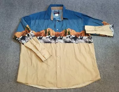 Wrangler Shirt Mens 2XL Blue Beige Long Sleeve Western Cowboy Pearl Snap • $59.99