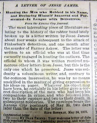 £116.04 • Buy 1882 Newspaper With Outlaw JESSE JAMES Signed In Type Letter Dated May 24, 1875