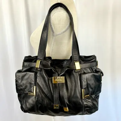 Michael Kors Beverly Large Soft Black Leather Drawstring Satchel Bag Designer Lu • $121