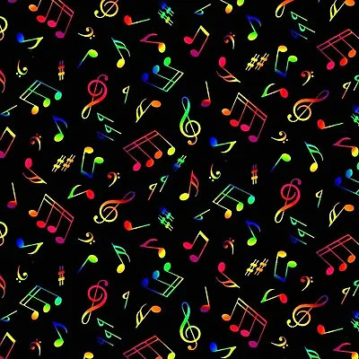 Fabric Rainbow Neon Music Notes Black On Black ELIZABETH Cotton 1/4 Yard 295 • $1.99