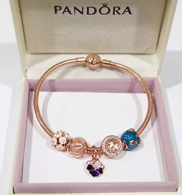 Genuine Rose Gold PANDORA Bracelet Flower Charm & CZ Radiant Beads *EASTER SALE • $209