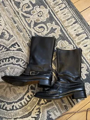 Manolo Blahnik Womens 41 Size 11 Black Leather Riding Boots Zip Buckle Low Heel • $99.99