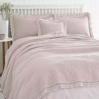 New Dunelm Lace Edge Blush Pink Mauve Bedspread Pillowcases & Cushion Cover Set • £0.99