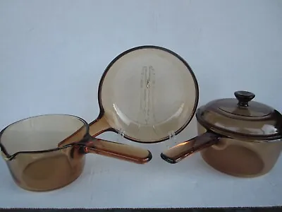 Corning Vision Amber Glass 4pc France/USA 0. 7 & 1L Saucepans 1 Lid & Skillet 7  • $35