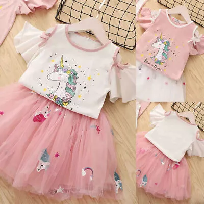 Kids Girl Unicorn Ruffle Tops T-shirt+Lace Tutu Skirt Party Dress Outfit Clothes • £13.41