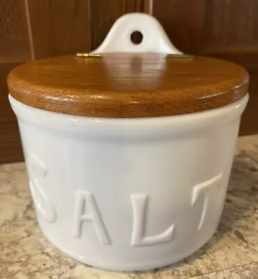 Antique Round Milk Glass Salt Box With Wooden Lid • $65