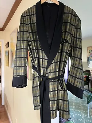 Vintage 1950s Smoking Robe Silk Lounge Jacket Black Gold Plaid L Shawl Collar • $179.99