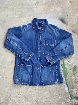 Vintage Indigo Palms Men Jacket Large Blue Denim Chore Button Up Tommy Bahama • $80