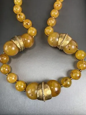 HUGE Original Vintage Faux Amber Bead MASSIVE Necklace 32  Hammered Gold Tone • $90