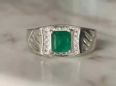 14k White Gold Plated 2.10 Ct Natural Green Emerald & Diamond Men's Wedding Ring • $352.49