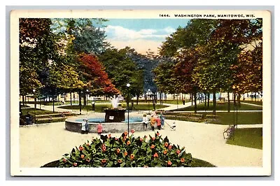 Manitowoc WI Wisconsin Washington Park Fountain White Border Postcard Unposted • $6.79