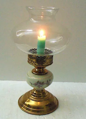 $35 • Buy Vintage Brass Candle Holder/Porcelain/Glass And Chimney Shade 12.5  Height
