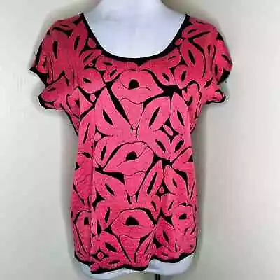 Mexican Handmade Blouse Top Scoop Neck Embroidered Floral Pink Black Lilies   • $59.99