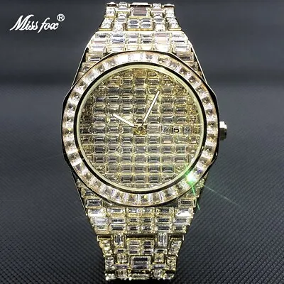 MISSFOX Men's Fully Ice Out Watch Stainless Steel Cz Bling Diamond Luxury NEW • £78.99