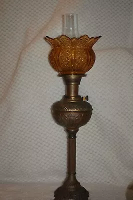 Vintage Antique Oil Lamp Brass/bronze Base Amber Daisy Button Shade • $199.99