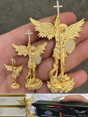 Real MOISSANITE Saint Michael Slaying Dragon Pendant 14k Gold Plated 925 Silver • $101.66