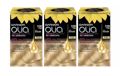 3 X GARNIER OLIA THE GOLDS PERMANENT HAIR COLOUR NO AMMONIA - CARAMEL GOLD 9.30 • £12.99