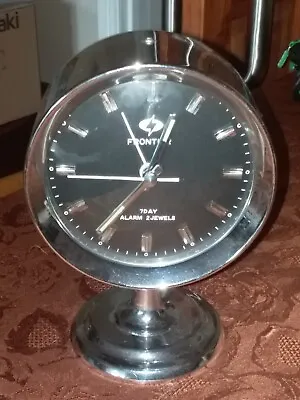 Vintage Retro 1960s / 70s FRONTIER Pedestal Alarm Clock Chrome Black 20.5cm Tall • $124.50