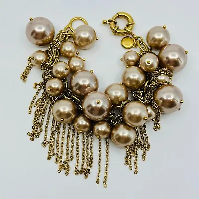 J. Crew Bracelet Brown Faux Pearl Fringe Chunky Statement Gold Tone Jewelry • $24.95