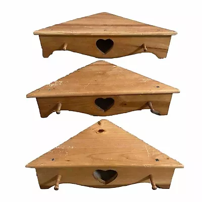 Set Of 3 Pine Farmhouse Wooden Wall Hanging Corner Shelf Heart Design 2 Pegs • $36