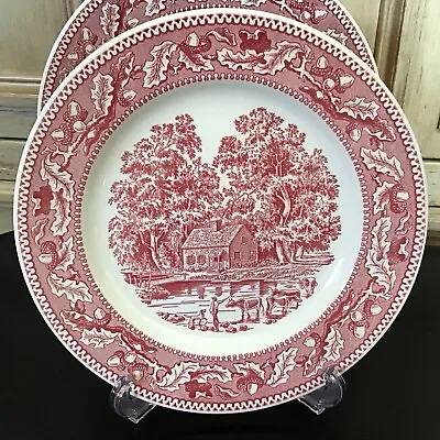 (2) Vntg Royal Ironstone Memory Lane Dinner Plates 10” Red Transferware Country • $38