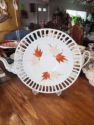 Reticulated 10.3/4  Milk Glass Serving Platter Hand Painted Leaves • $22