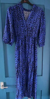 £9.99 • Buy Blue Leopard Print Long Sleeved Topshop Midi Dress Size 8 BNWT