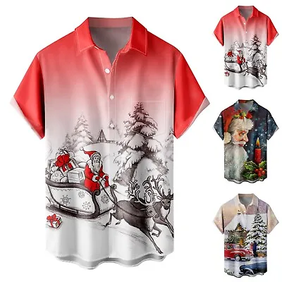 Mens Christmas Santa 3D Digital Printing Pocket Buckle Lapel Short Sleeve Shirt • $28.56