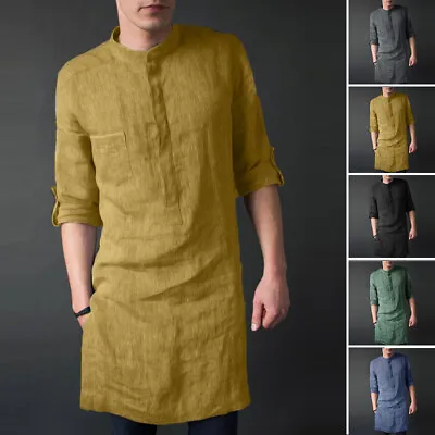 Men's Retro Long Sleeve Kurta Shirts Party Knee Length Henley Kaftan Gown Dress • £8.22