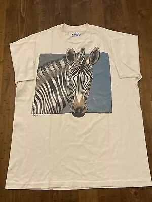 Vtg Zebra Zoo Animal T-Shirt Sz L 1990 90s Wildlife Nature Art Print Graphic • $24.99