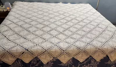 Vtg. Hand Crocheted Bedspread Coverlet/ Table  Ivory 86  X 86  • $49.95