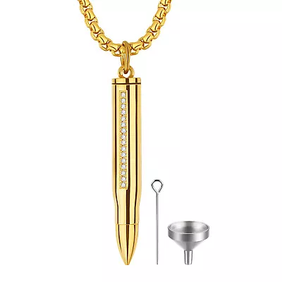 Men's Bullet Urn Ashes Necklace CZ Stainless Steel Keepsake Memorial Cremation • $11.99