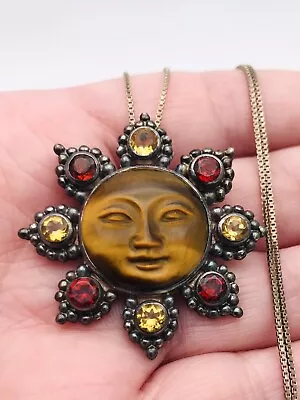 Vintage Sajen Sterling Silver 925 Genuine Gemstones  MoonFace Pendant/Brooch 20” • $129