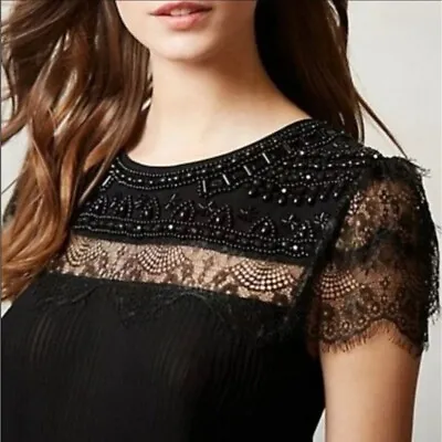 Anthropologie Vineet Bahl Ginevra Black Beaded Lace Pleated Short Sleeve Top M • $55