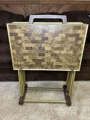 Vintage Set Of 6 TV Trays With Rolling Stand Cart Faux Parquet Wood Metal Retro • $89.99