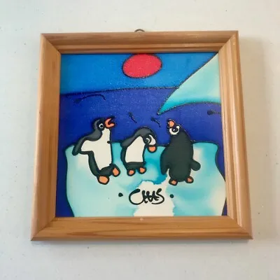 Penguins - Hand Painted Silk Covered Framed Ceramic Tile From South Africa • £15