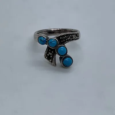 Vintage Sterling Silver Marcasite & Faux Turquoise Ribbon Ring Size 6.75 • $19.99