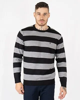 Men Crew Neck Jumper Striped Sweater Long Sleeve Classic Pullover Top Sweatshirt • £10.99