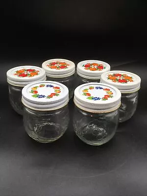 Vtg Lot 6 Kitschy Retro Kerr Embossed Glass Jelly Spice Jars Metal Fruit Lids 3” • $54