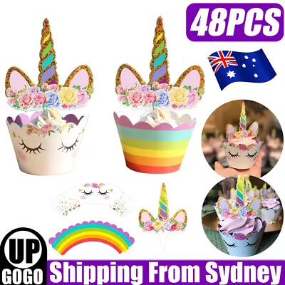 48pcs Unicorn Cupcake Toppers Wrappers Birthday Party Cake Decorations Kids AU • $8.25